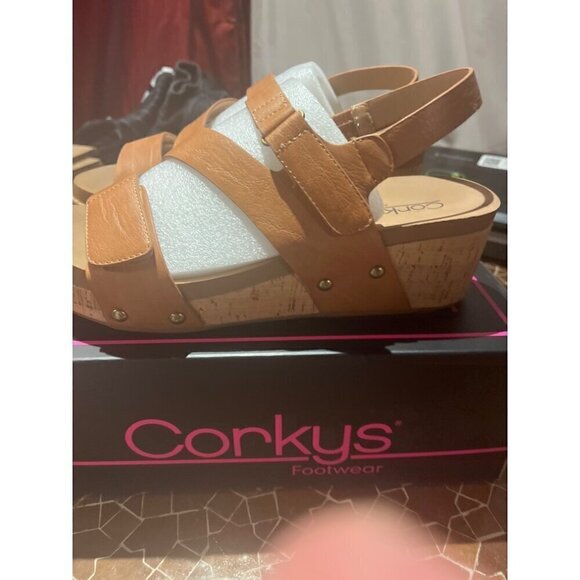nwt in box corkys brown leather wedge heel sandals - Picture 7 of 7